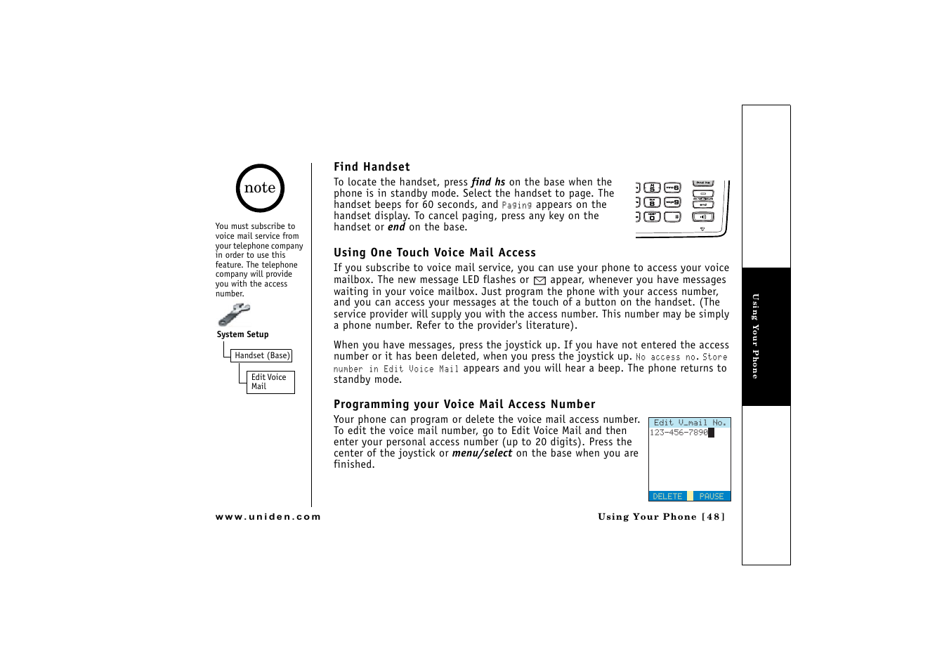 Find handset, Using one touch voice mail access, P. 48 | Uniden CLX 465 User Manual | Page 49 / 80