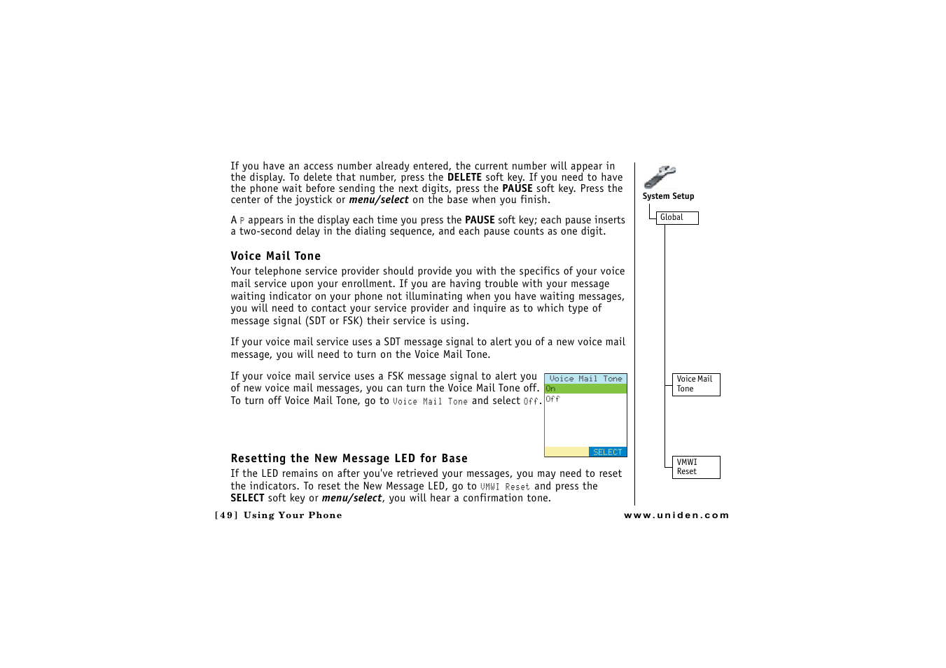 Voice mail tone, Resetting the new message led for base | Uniden CLX 465 User Manual | Page 50 / 80