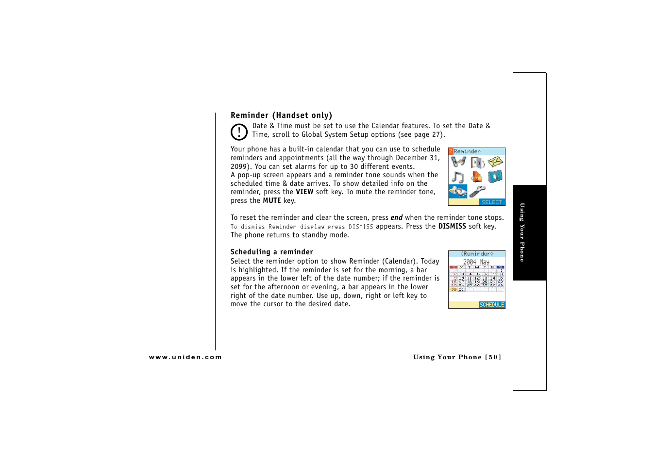 Reminder (handset only) | Uniden CLX 465 User Manual | Page 51 / 80