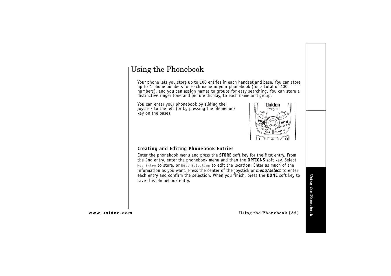 Using the phonebook, Creating and editing phonebook entries | Uniden CLX 465 User Manual | Page 53 / 80
