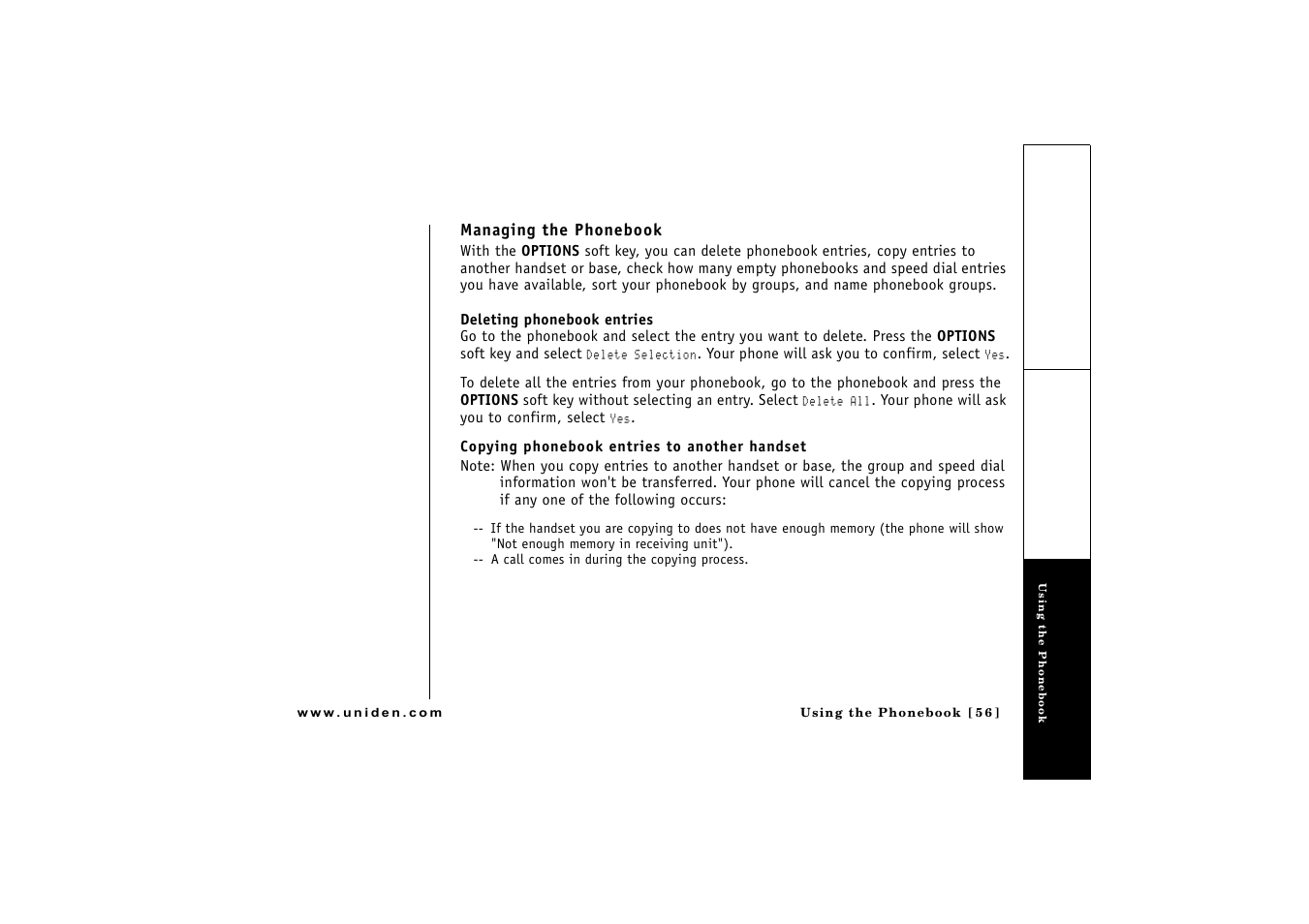 Managing the phonebook | Uniden CLX 465 User Manual | Page 57 / 80