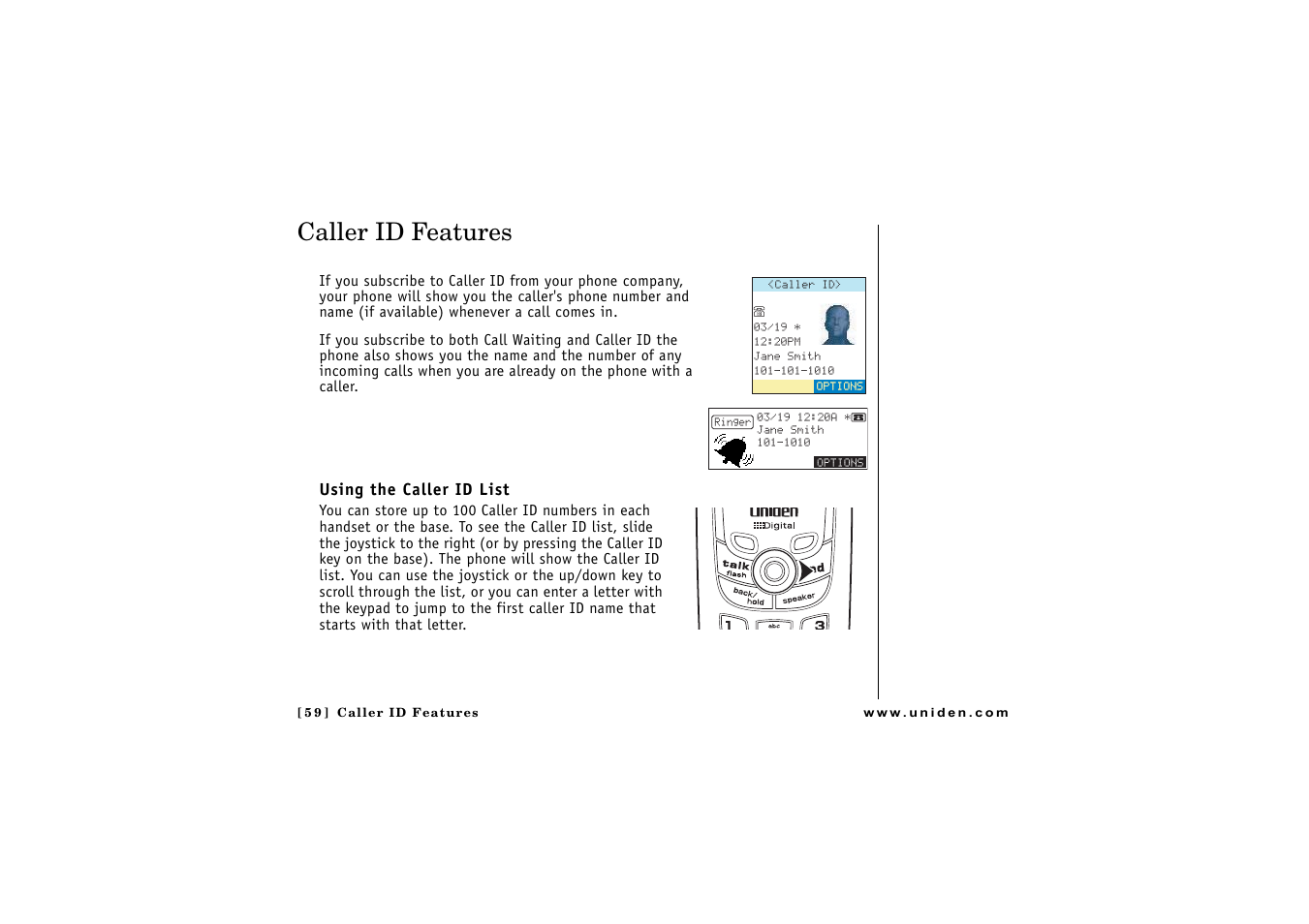 Caller id features, Using the caller id list | Uniden CLX 465 User Manual | Page 60 / 80