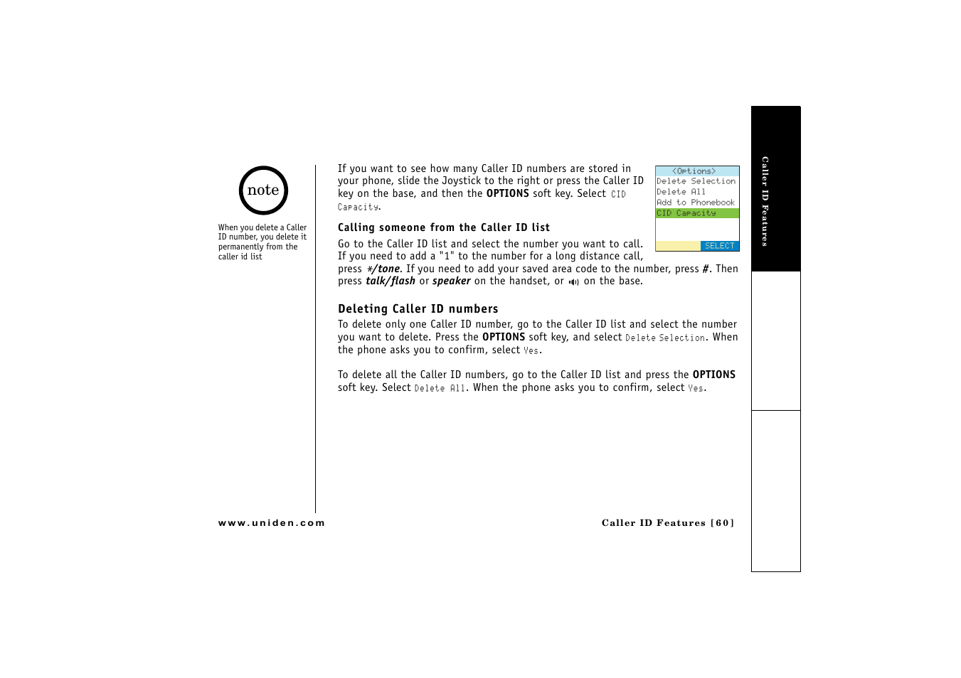 Deleting caller id numbers, P. 60 & 47), P. 60 | P. 60) | Uniden CLX 465 User Manual | Page 61 / 80