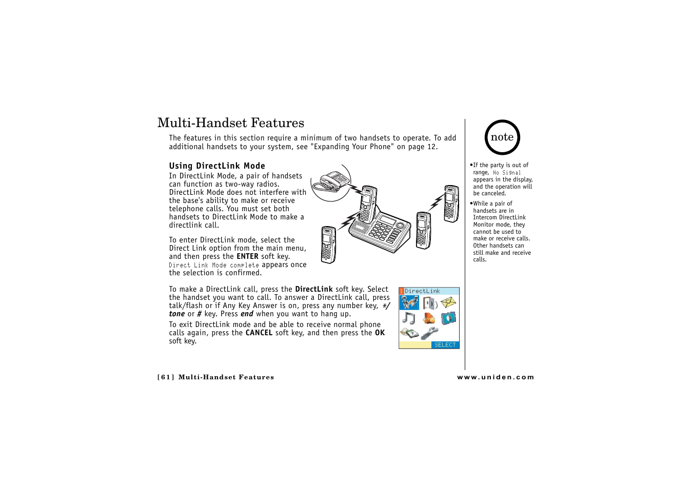 Multi-handset features, Using directlink mode | Uniden CLX 465 User Manual | Page 62 / 80