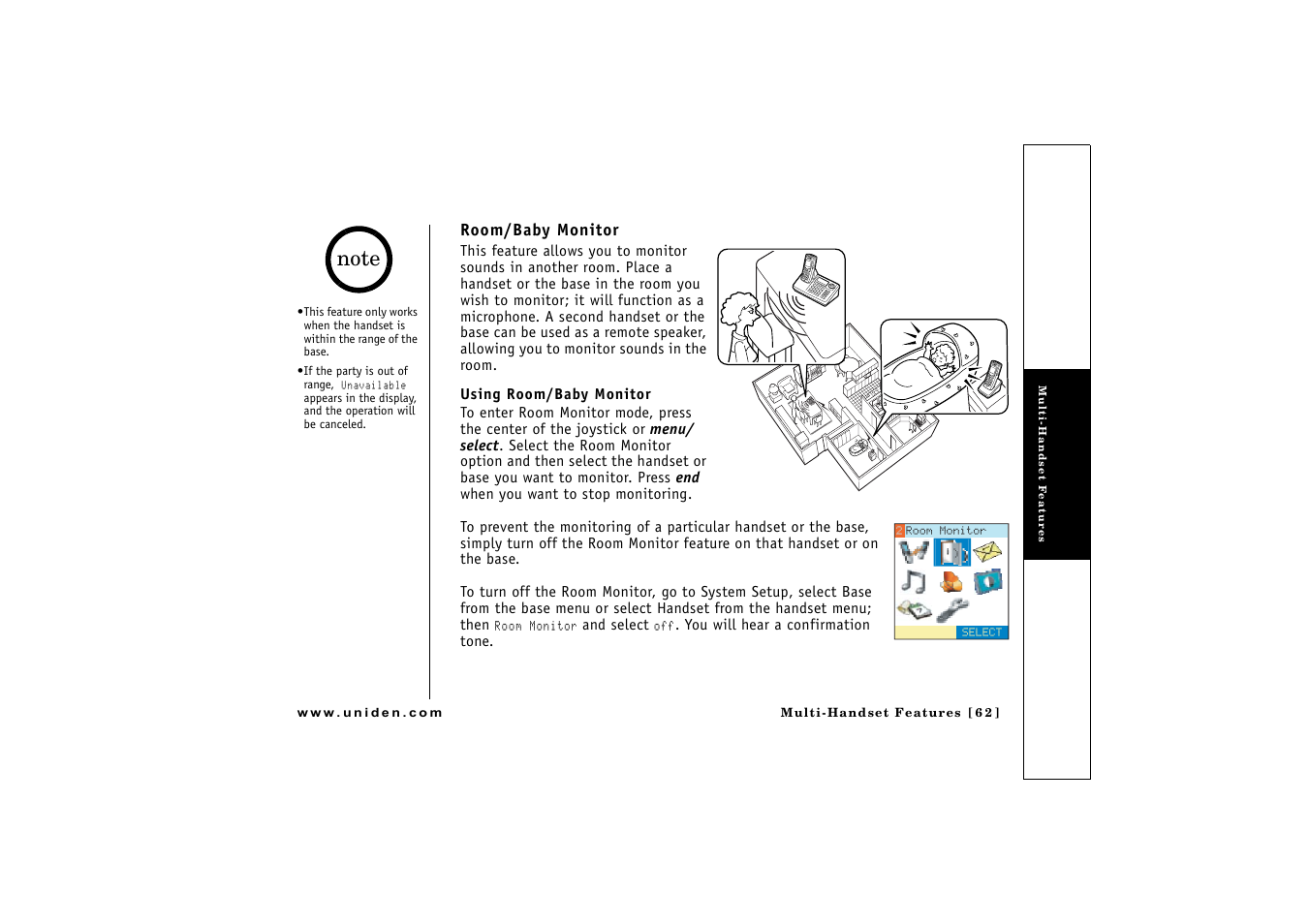 Room/baby monitor | Uniden CLX 465 User Manual | Page 63 / 80