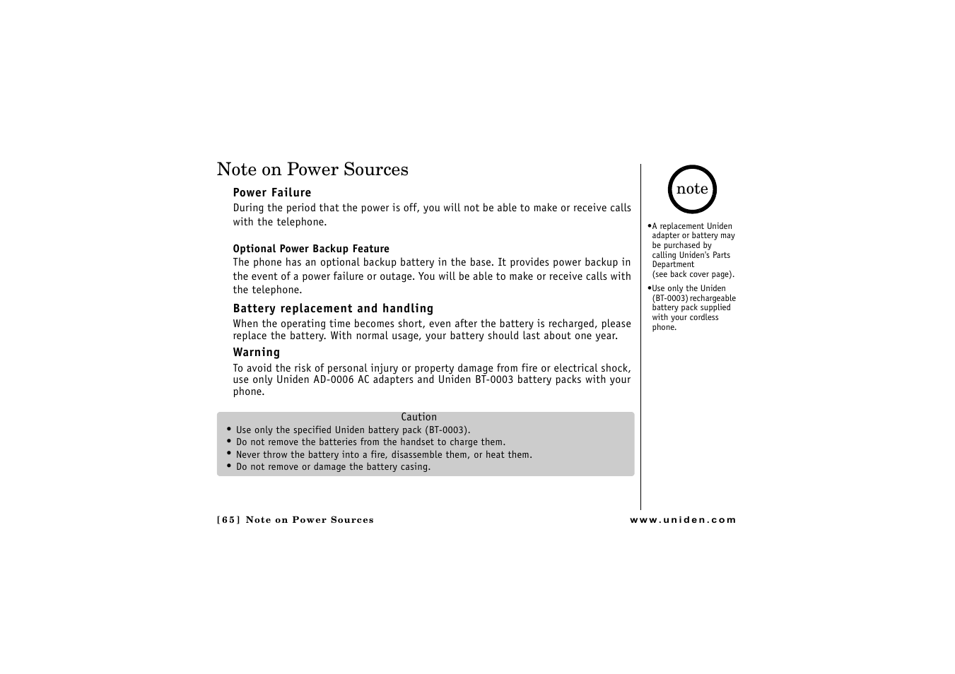 Note on power sources, Power failure, Battery replacement and handling | Warning | Uniden CLX 465 User Manual | Page 66 / 80