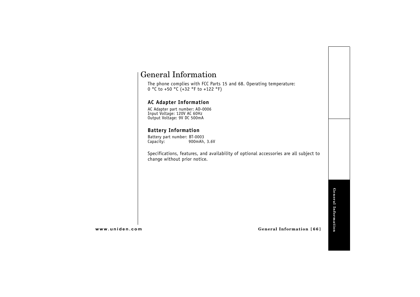 General information, Ac adapter information, Battery information | Uniden CLX 465 User Manual | Page 67 / 80