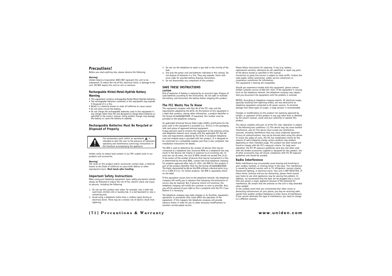 Precautions & warranty, Precautions | Uniden CLX 465 User Manual | Page 72 / 80