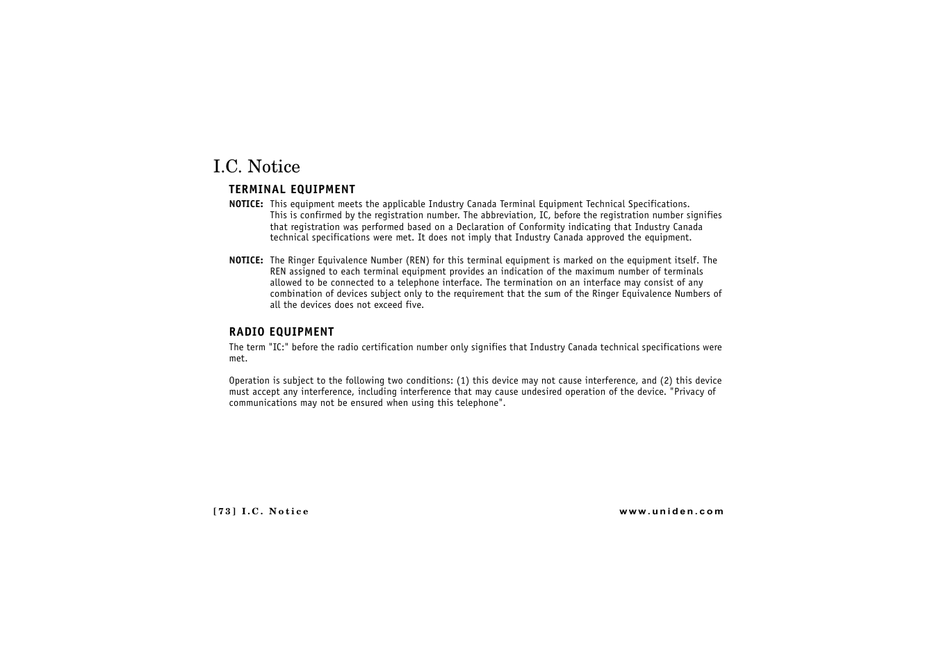 I.c. notice | Uniden CLX 465 User Manual | Page 74 / 80