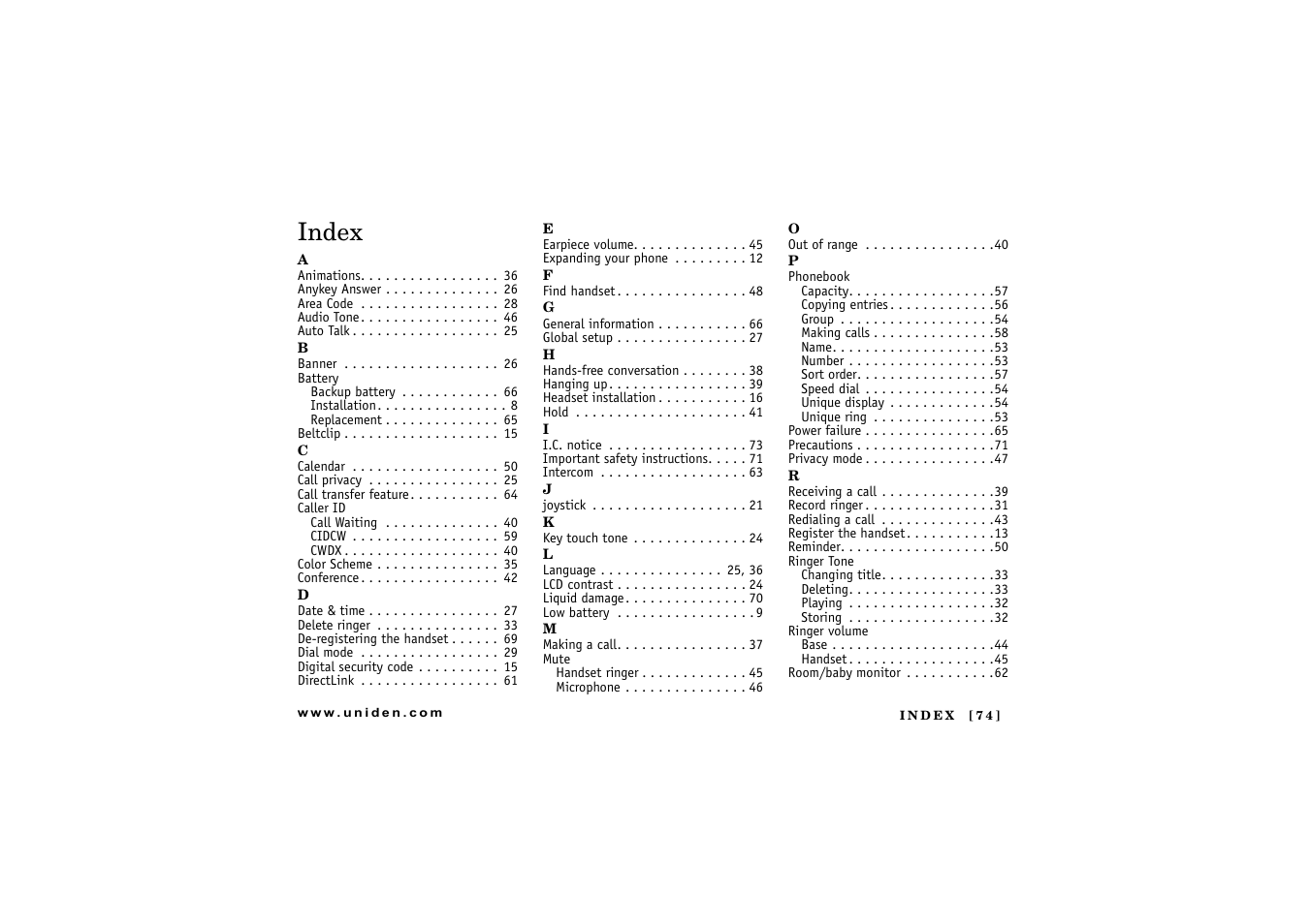 Index | Uniden CLX 465 User Manual | Page 75 / 80