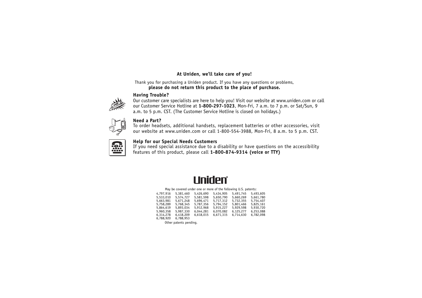 At uniden, we'll take care of you | Uniden CLX 465 User Manual | Page 79 / 80