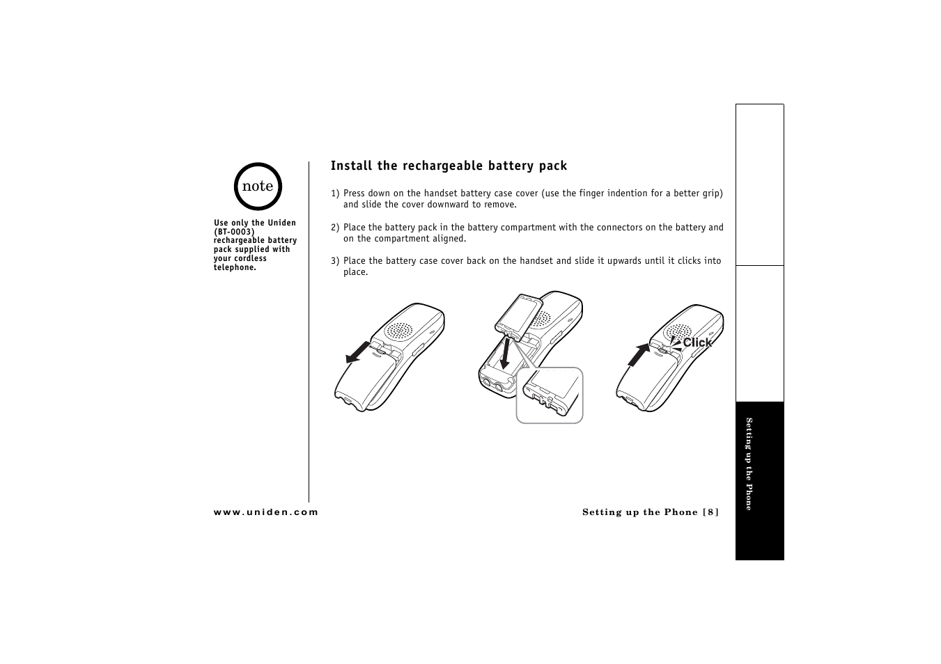 Install the rechargeable battery pack | Uniden CLX 465 User Manual | Page 9 / 80