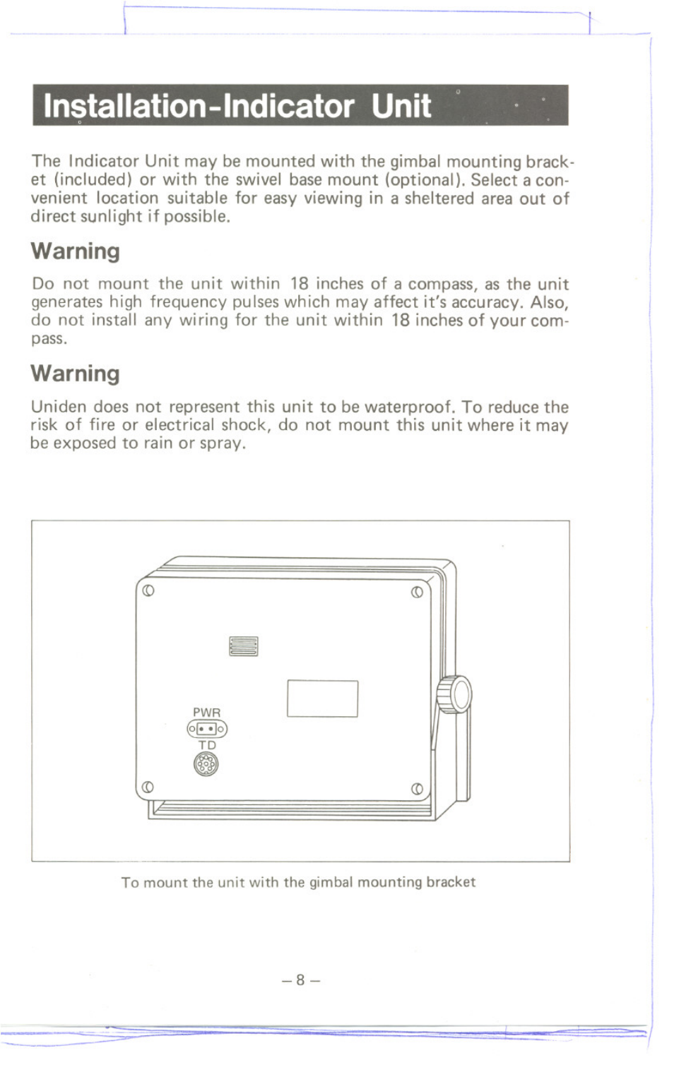 Warning, Installation-indicator unit | Uniden MC 800 User Manual | Page 11 / 42