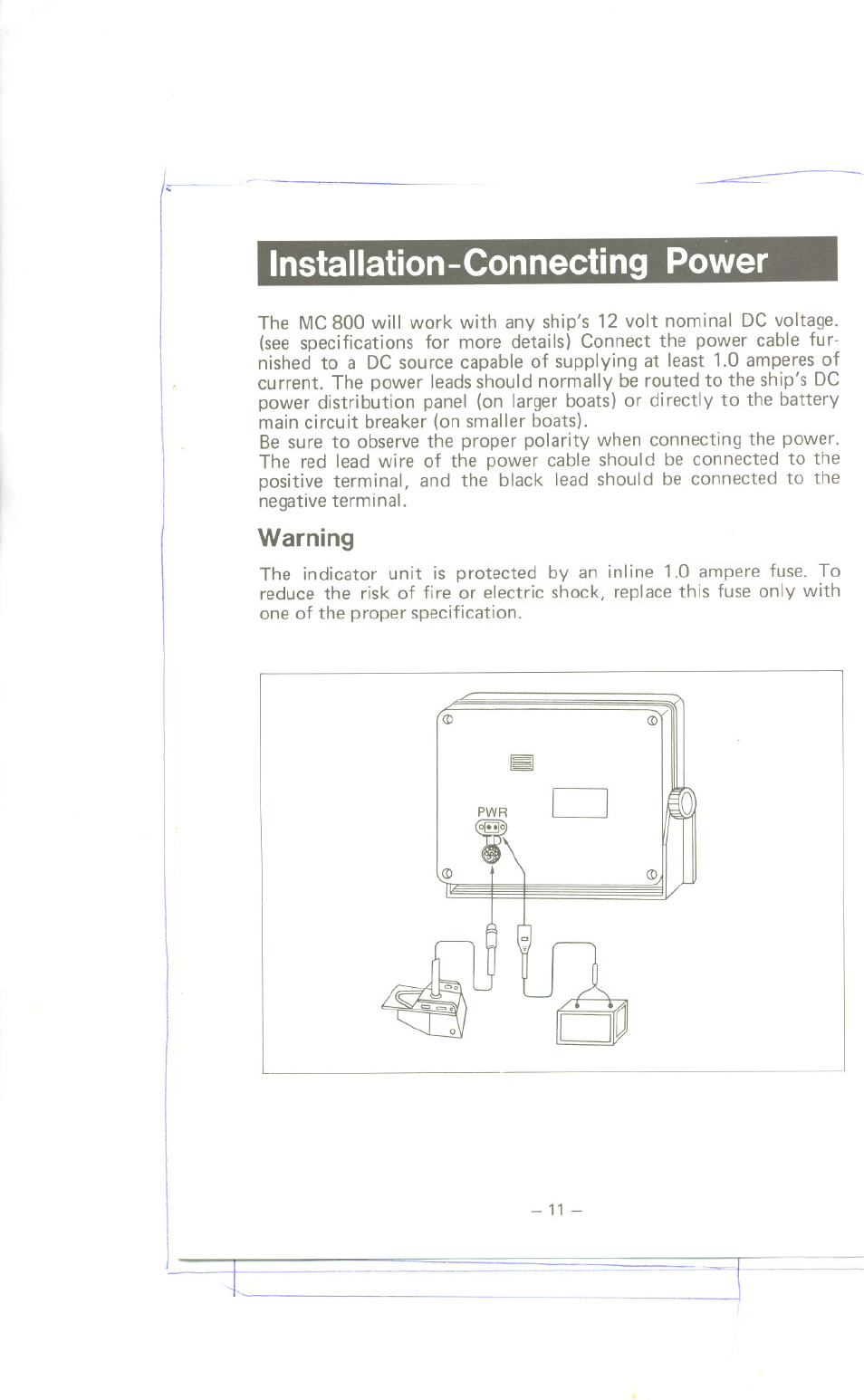 Installation-connecting power, Warning | Uniden MC 800 User Manual | Page 14 / 42