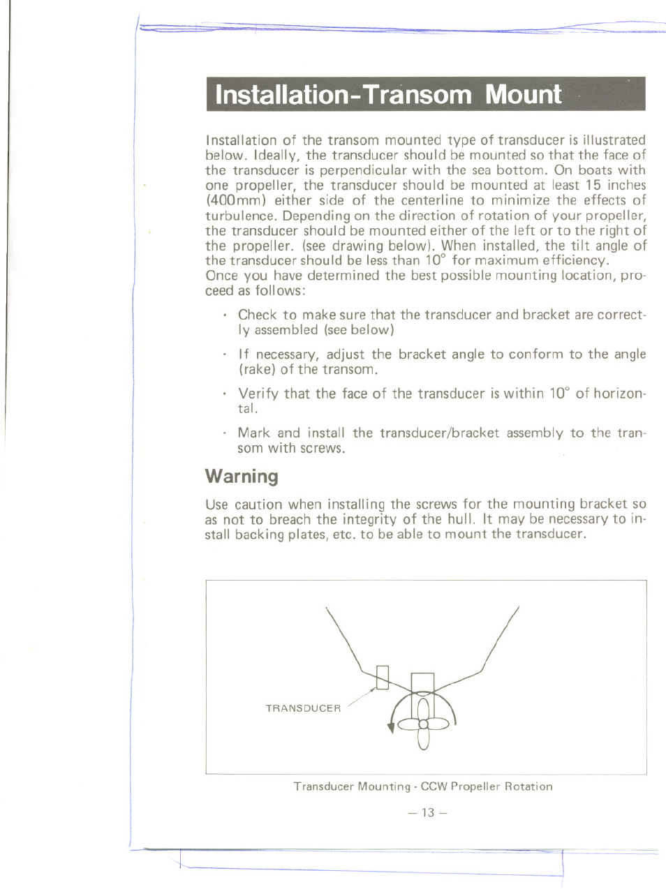 Warning, Installation-transom mount | Uniden MC 800 User Manual | Page 16 / 42