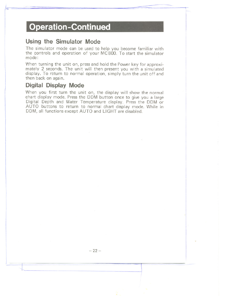 Using the simulator mode, Digital display mode, Operation-continued | Uniden MC 800 User Manual | Page 25 / 42