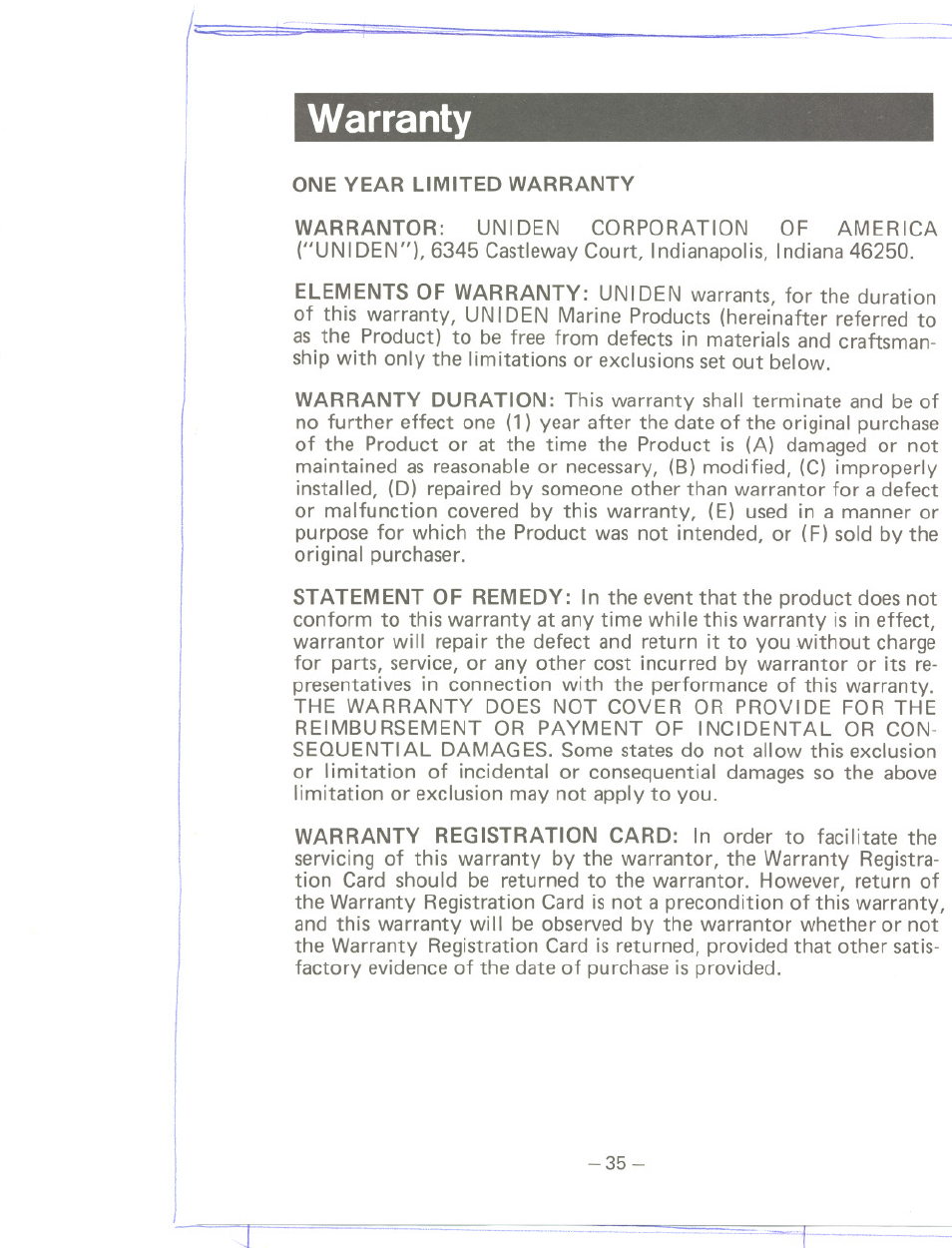 Warranty, One year limited warranty | Uniden MC 800 User Manual | Page 38 / 42