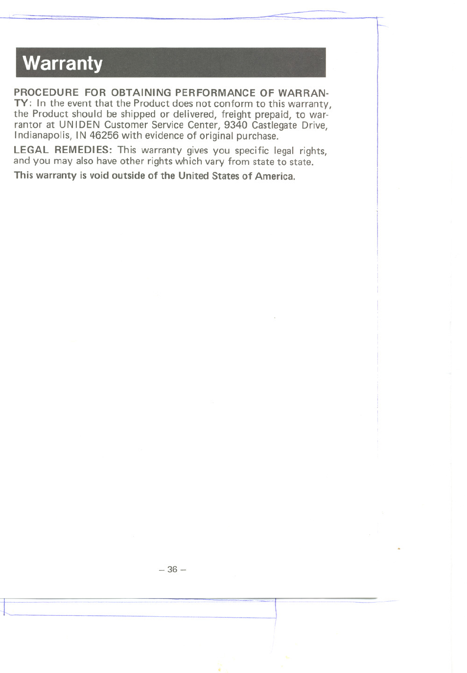 Warranty | Uniden MC 800 User Manual | Page 39 / 42