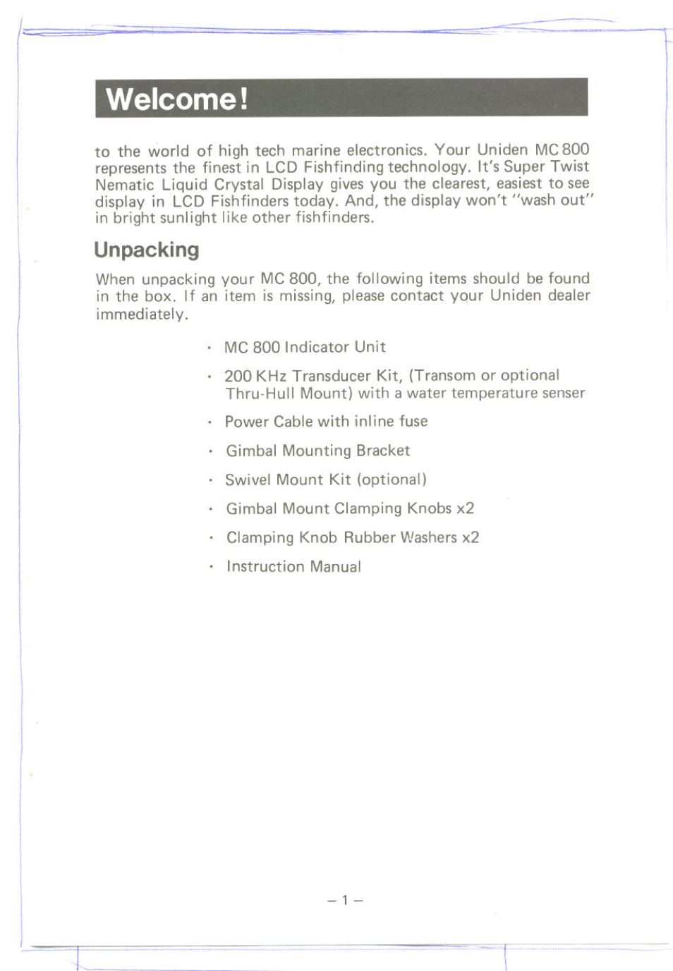Welcome, Unpacking | Uniden MC 800 User Manual | Page 4 / 42