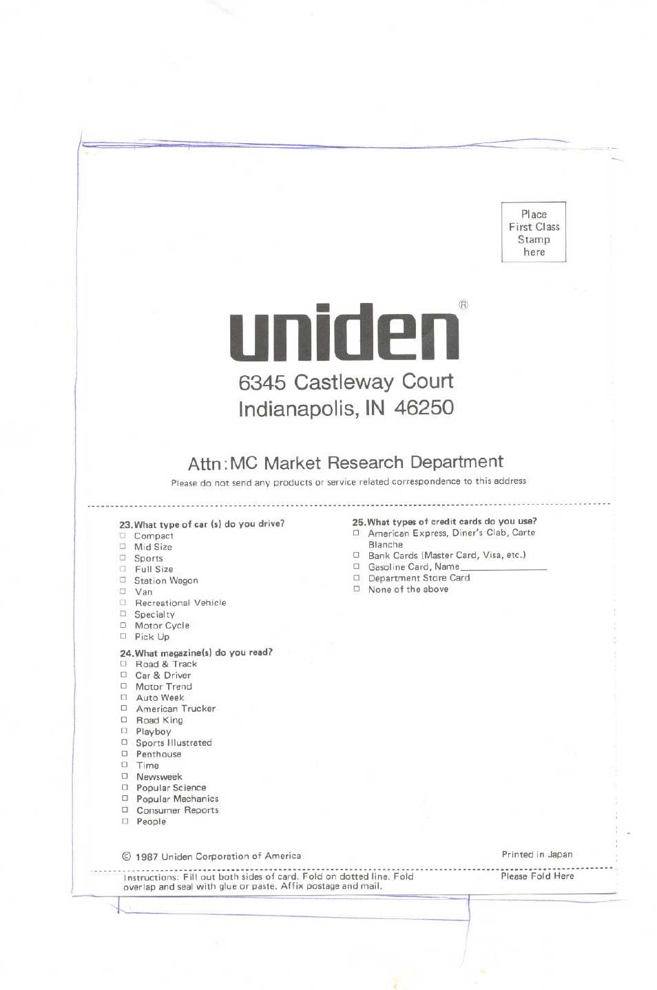 Uniden, Attn:ivlc market research department | Uniden MC 800 User Manual | Page 41 / 42