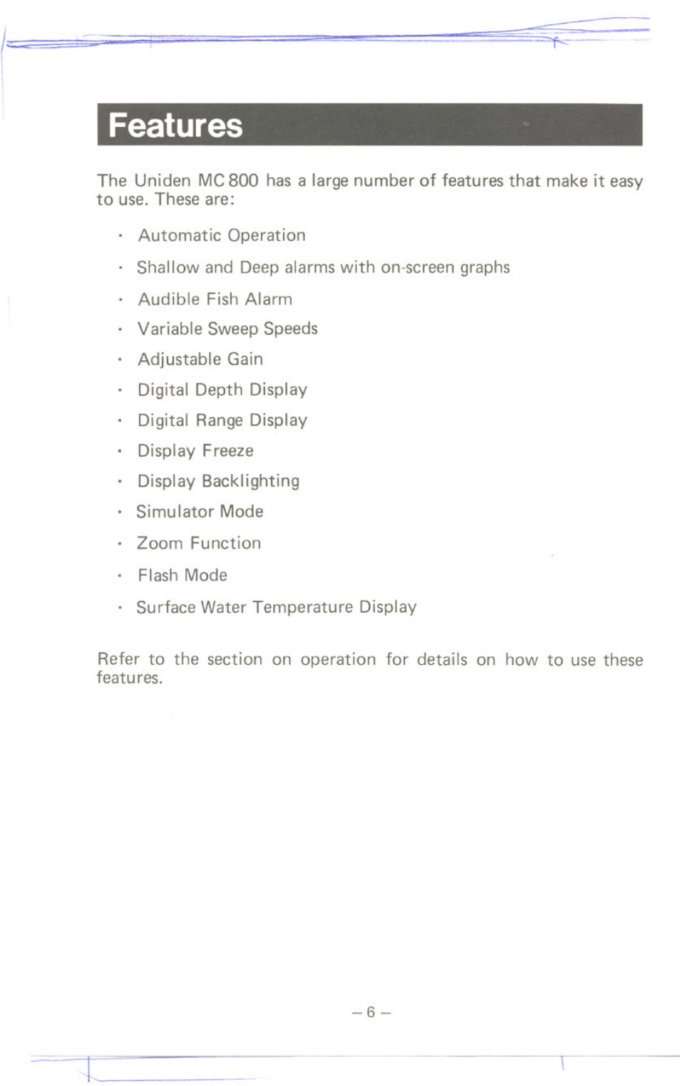 Features | Uniden MC 800 User Manual | Page 9 / 42