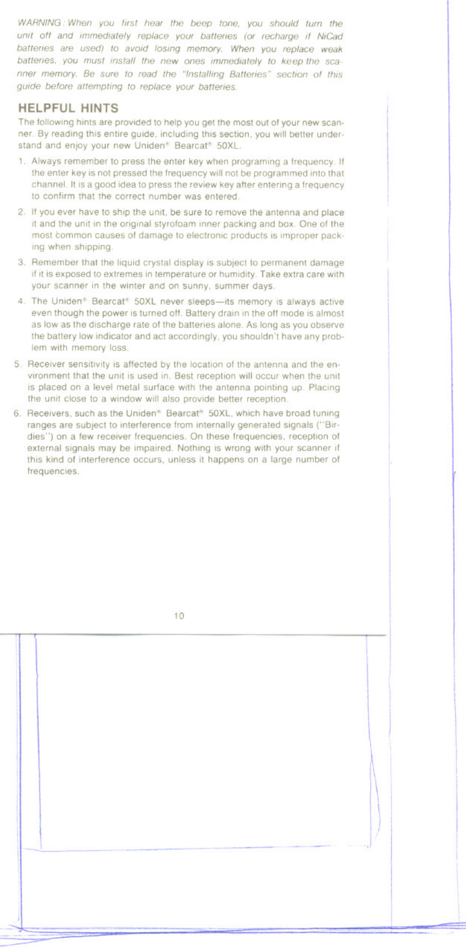 Helpful hints | Uniden BC 50XL User Manual | Page 10 / 16