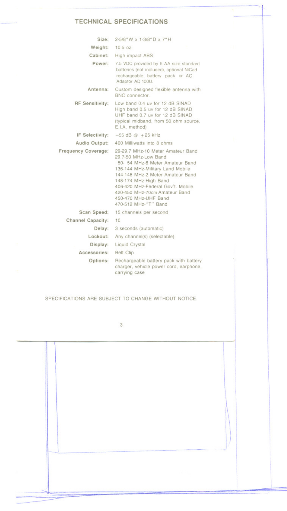 Weight, Technical specifications | Uniden BC 50XL User Manual | Page 3 / 16