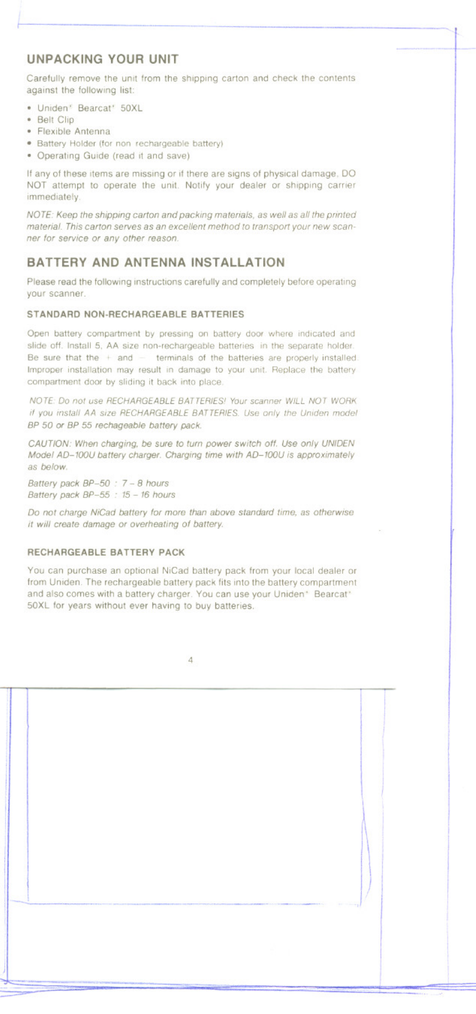 Unpacking your unit, Battery and antenna installation | Uniden BC 50XL User Manual | Page 4 / 16