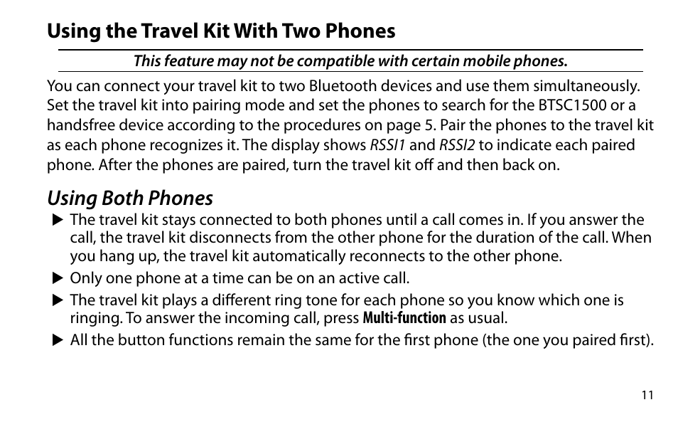 Using the travel kit with two phones, Using both phones | Uniden BTSC1500 User Manual | Page 11 / 20