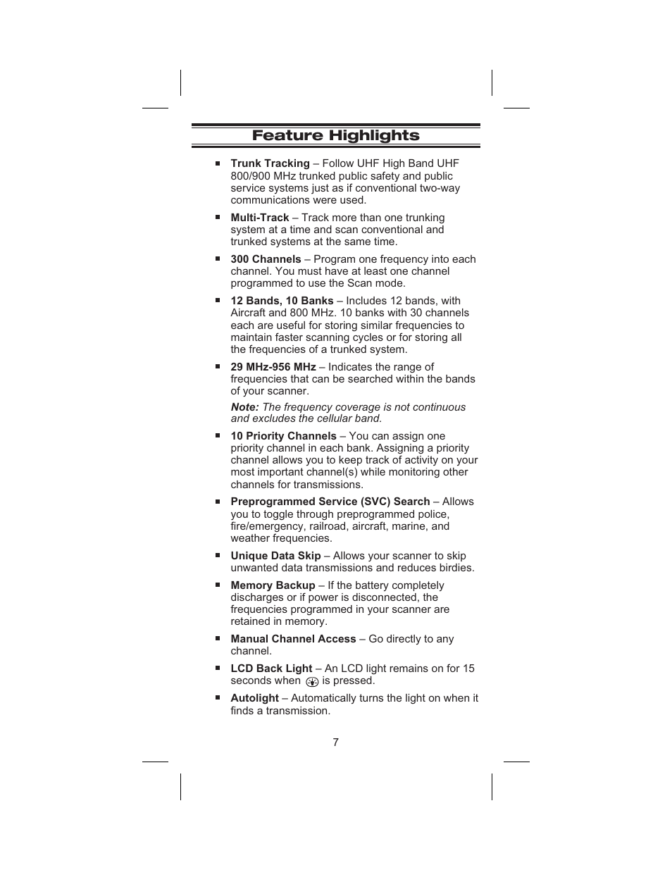 Feature highlights 7, Feature highlights | Uniden BC245XLT User Manual | Page 11 / 90