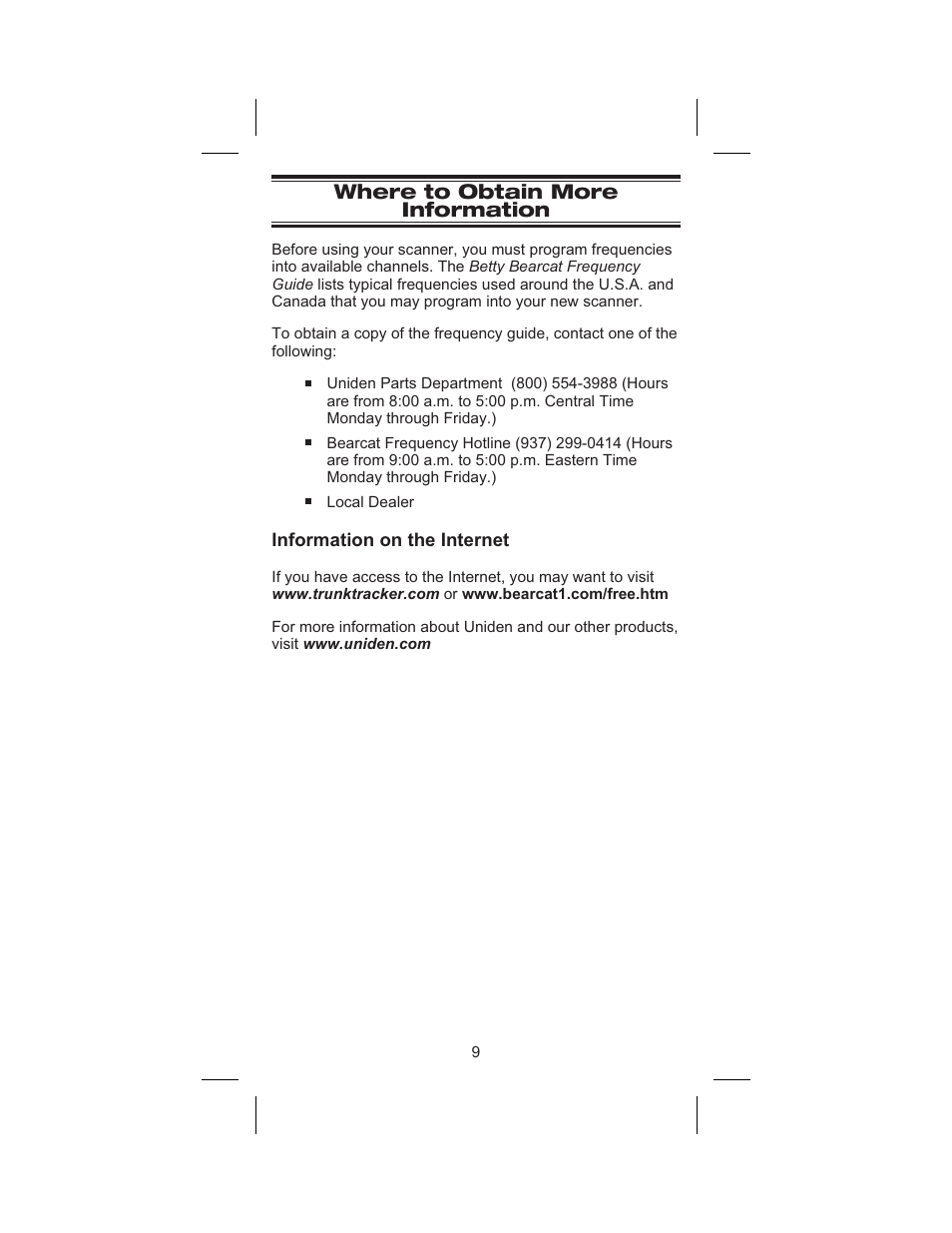 Where to obtain more information 9, Information on the internet 9, Where to obtain more information | Information on the internet | Uniden BC245XLT User Manual | Page 13 / 90