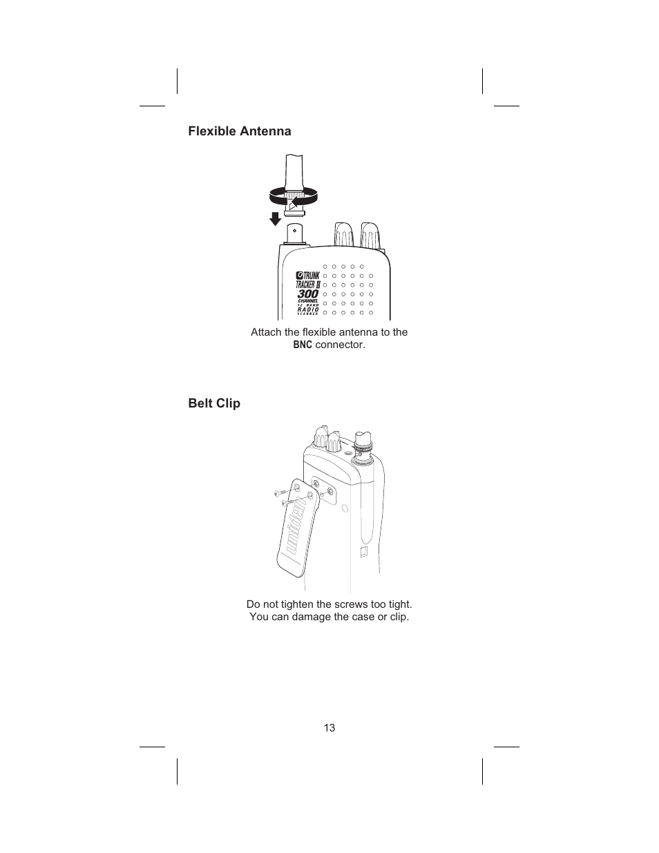 Flexible antenna 13, Belt clip 13, Flexible antenna belt clip | Uniden BC245XLT User Manual | Page 17 / 90