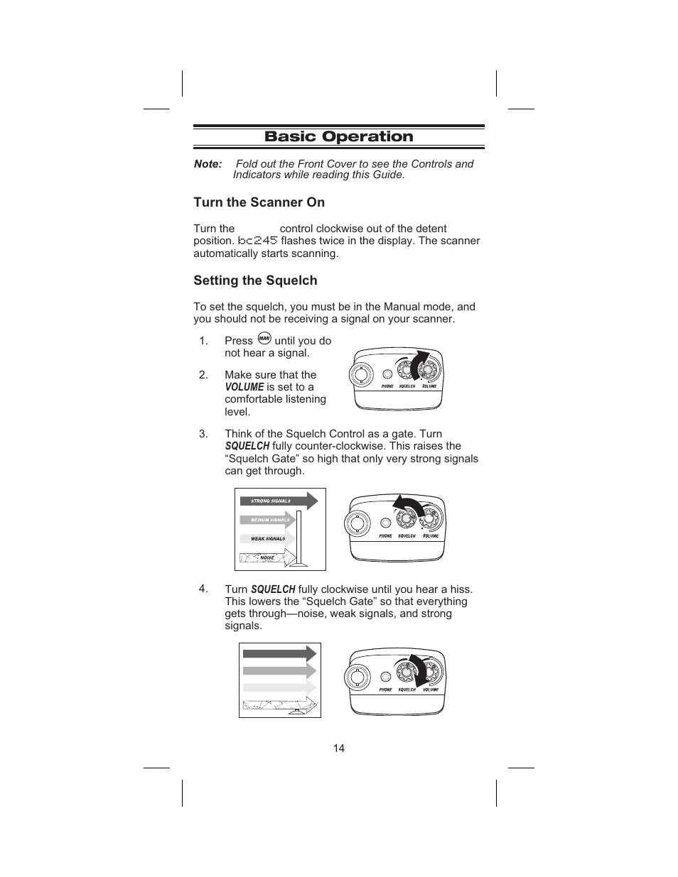 Basic operation 14, Turn the scanner on 14, Setting the squelch 14 | Basic operation, Turn the scanner on, Setting the squelch | Uniden BC245XLT User Manual | Page 18 / 90