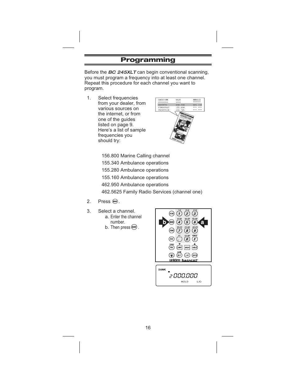 Programming 16, Programming | Uniden BC245XLT User Manual | Page 20 / 90