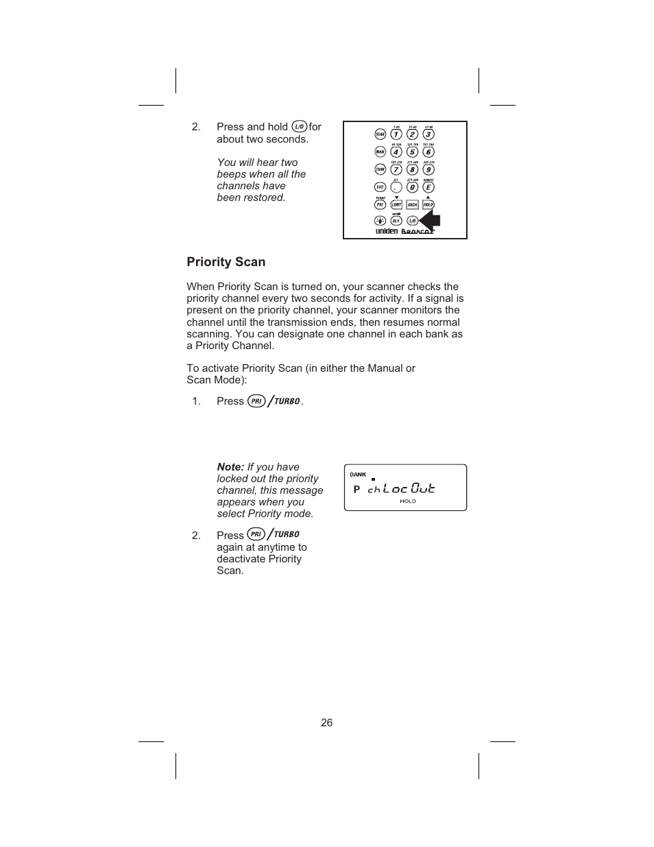 Priority scan 26, Priority scan | Uniden BC245XLT User Manual | Page 30 / 90