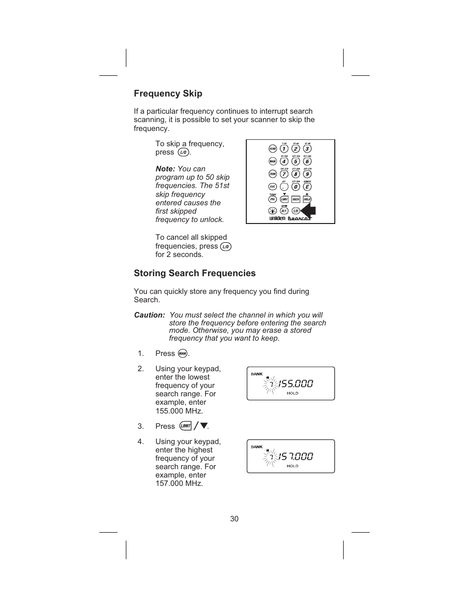 Frequency skip 30, Storing search frequencies 30, Frequency skip | Storing search frequencies | Uniden BC245XLT User Manual | Page 34 / 90