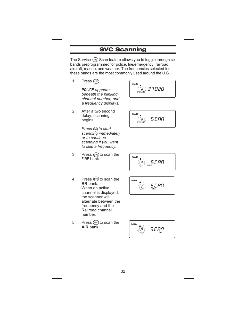 Svc scanning 32, Svc scanning | Uniden BC245XLT User Manual | Page 36 / 90