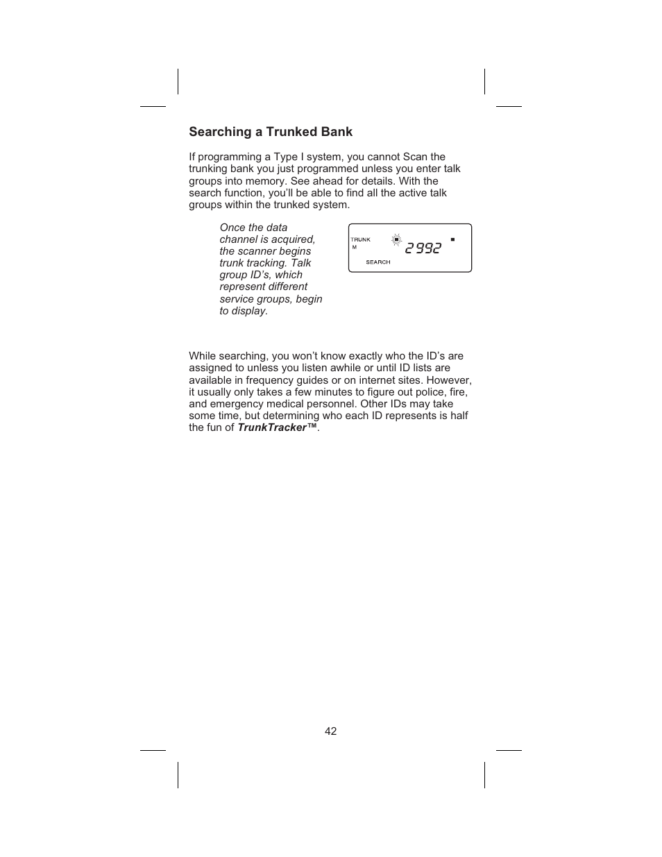 Searching a trunked bank 42, Searching a trunked bank | Uniden BC245XLT User Manual | Page 46 / 90