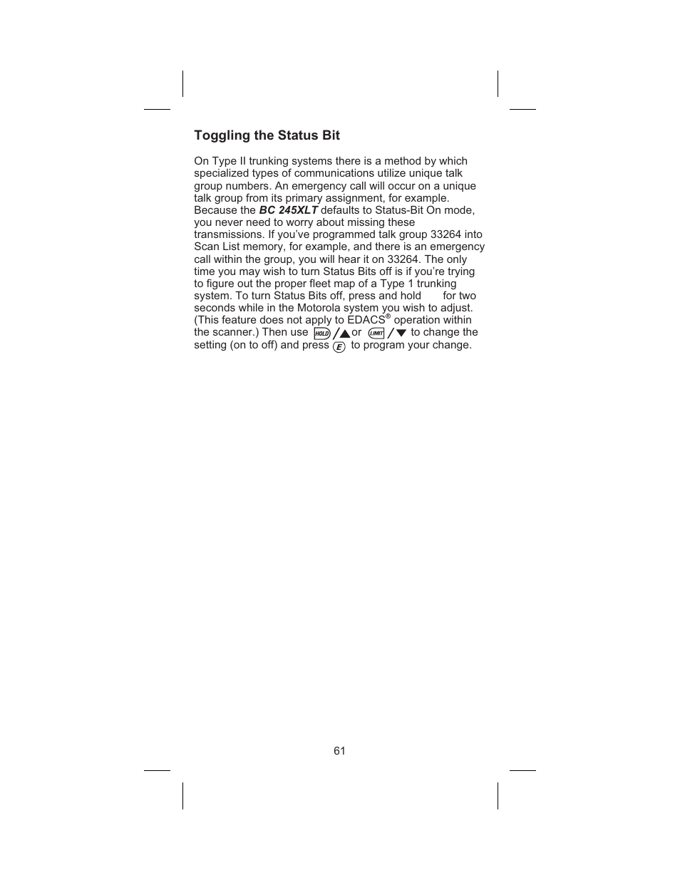 Programming 16, Toggling the status bit | Uniden BC245XLT User Manual | Page 65 / 90