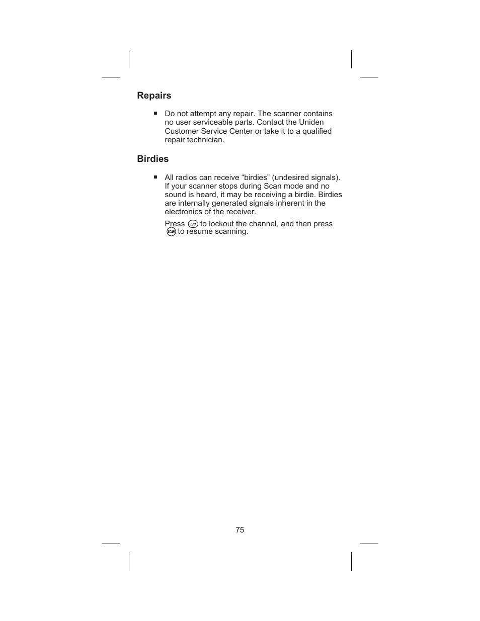 Frequency skip 30, Storing search frequencies 30, Repairs | Birdies | Uniden BC245XLT User Manual | Page 79 / 90