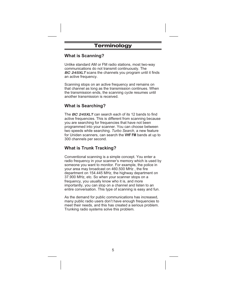 Terminology 5, What is scanning? 5, What is searching? 5 | What is trunk tracking? 5, Terminology | Uniden BC245XLT User Manual | Page 9 / 90