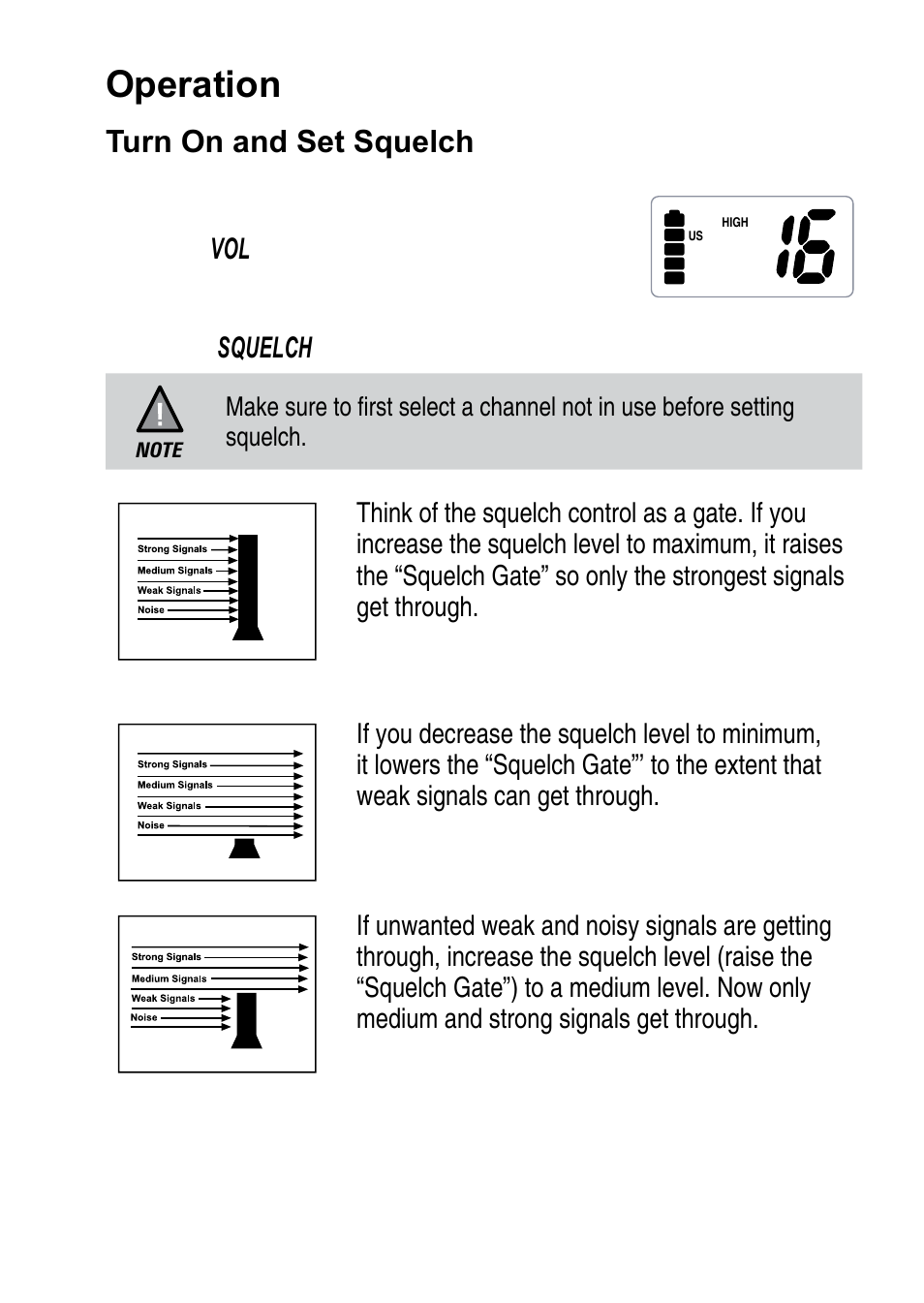 Operation, Turn on and set squelch | Uniden 200 User Manual | Page 13 / 34