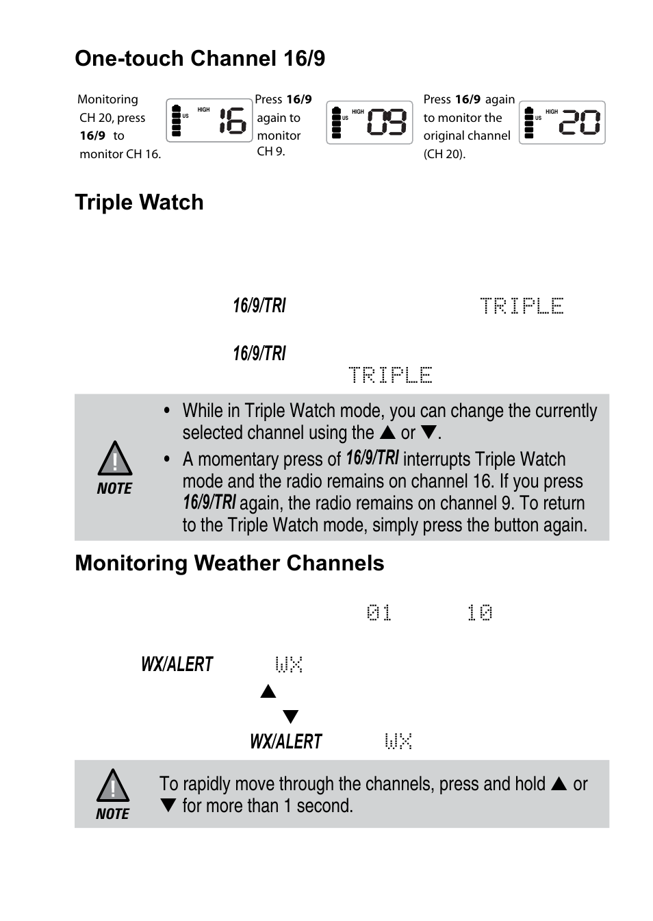 One-touch channel 16/9 triple watch, Monitoring weather channels, 16/9/tri | Wx/alert, E-11, Button. wx disappears | Uniden 200 User Manual | Page 15 / 34