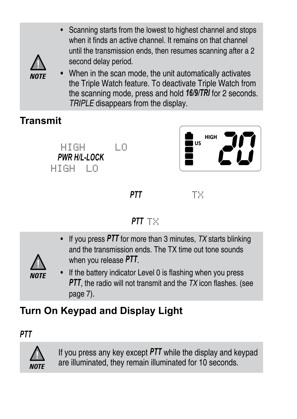 Transmit, Turn on keypad and display light | Uniden 200 User Manual | Page 18 / 34