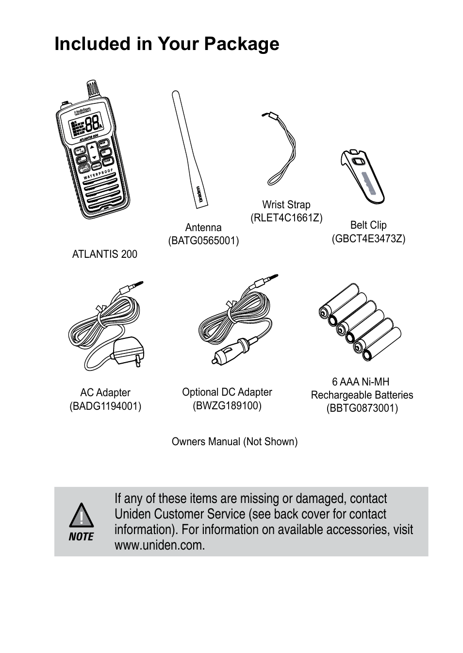 Included in your package | Uniden 200 User Manual | Page 7 / 34