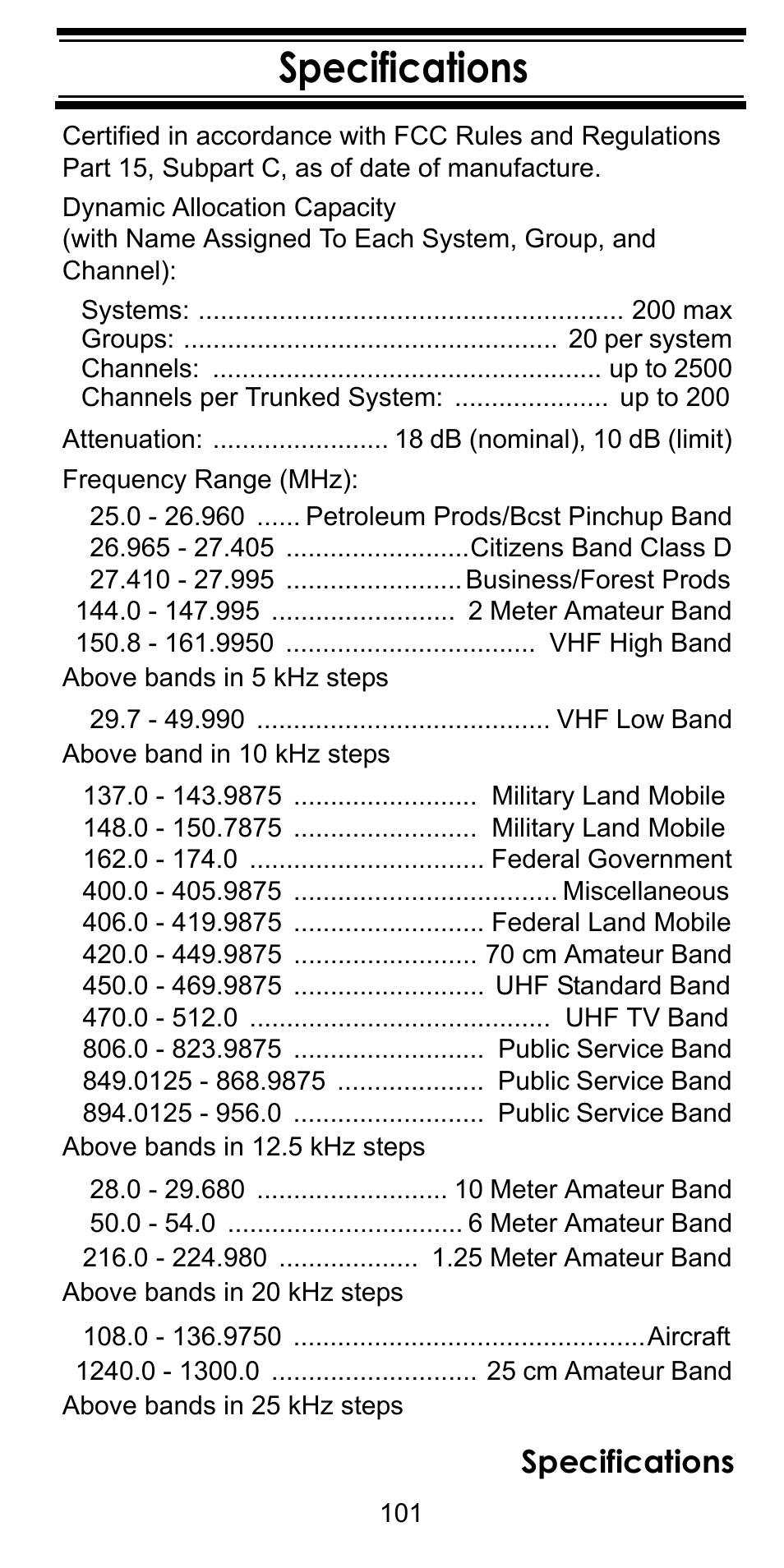 Specifications | Uniden BC246T User Manual | Page 101 / 128