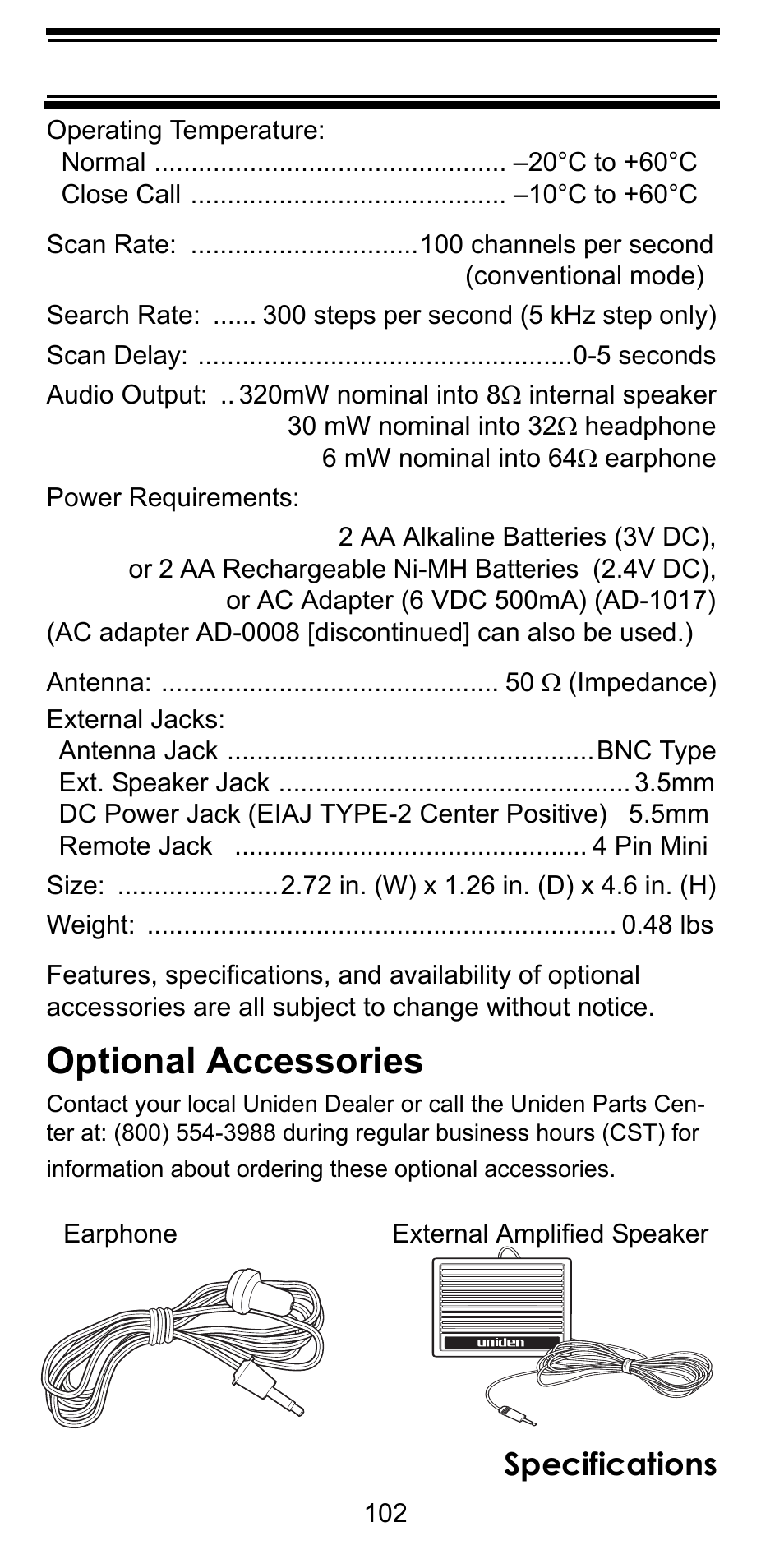 Optional accessories, Specifications | Uniden BC246T User Manual | Page 102 / 128