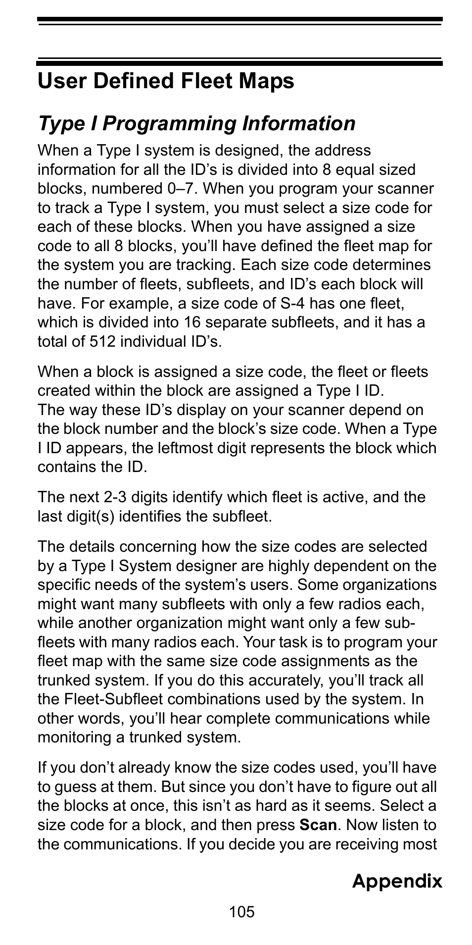 User defined fleet maps, Type i programming information, Appendix | Uniden BC246T User Manual | Page 105 / 128