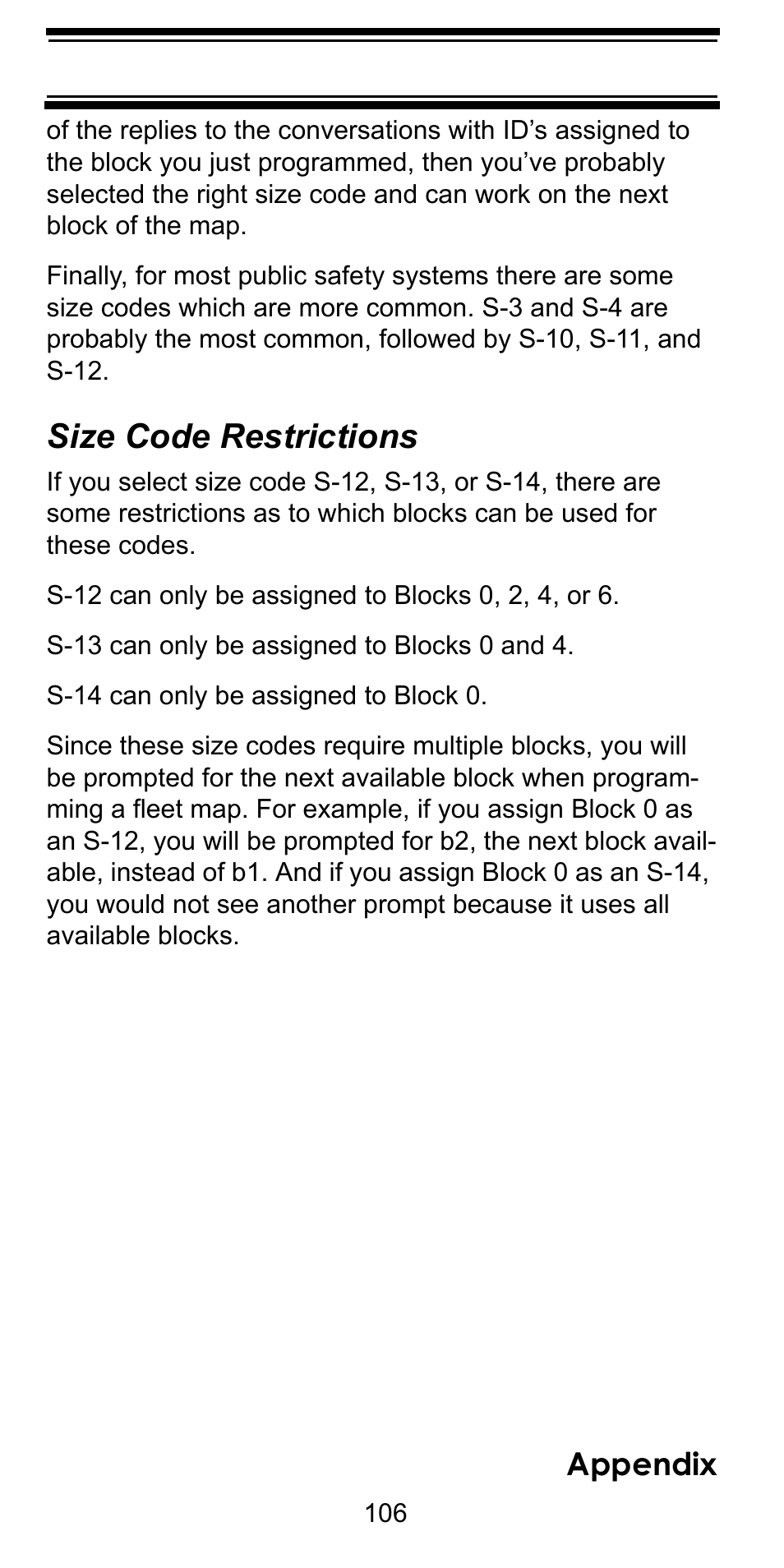 Size code restrictions, Appendix | Uniden BC246T User Manual | Page 106 / 128