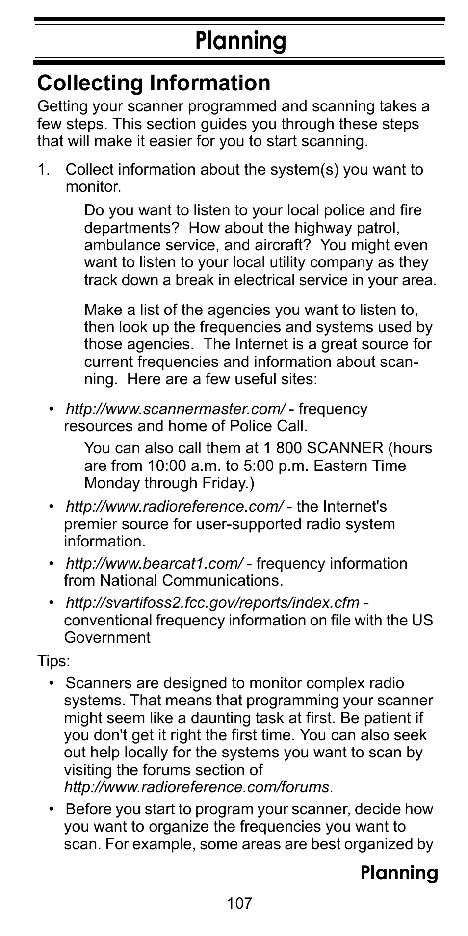 Planning, Collecting information, Planning collecting information | Uniden BC246T User Manual | Page 107 / 128